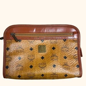 MCM Brown Toiletry Bag with Logo Pattern, top zip closure, *see notes below